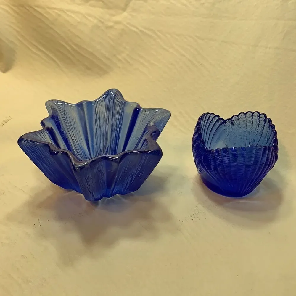 2 Blue Glass Candle Votive Holders